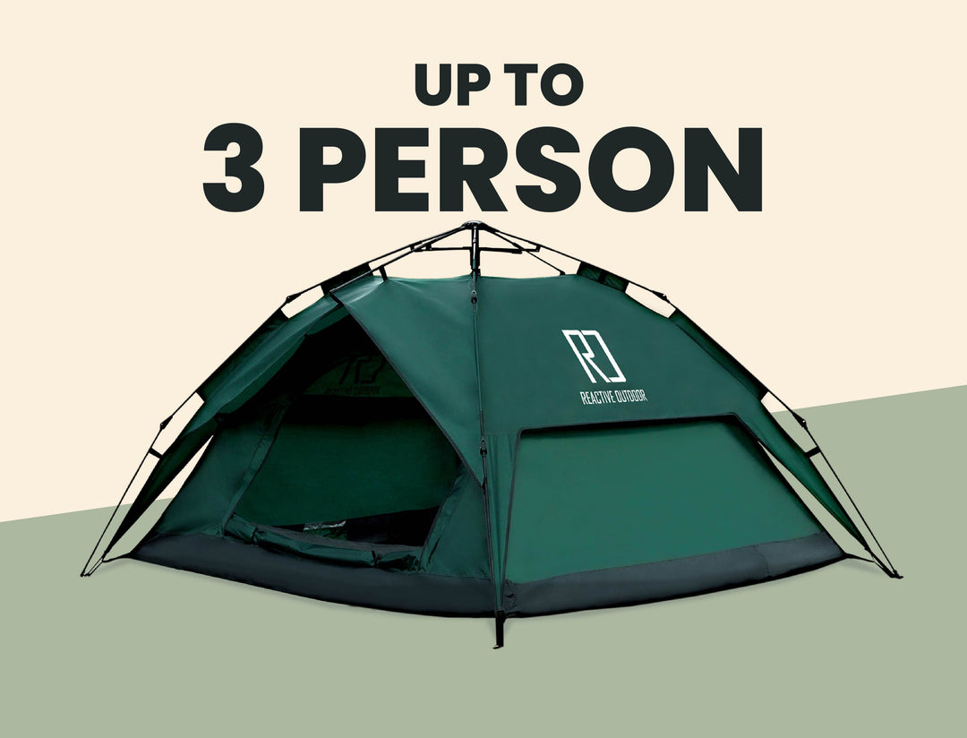 Outdoor pop-up camping tent for up to 3 persons set up outdoors
