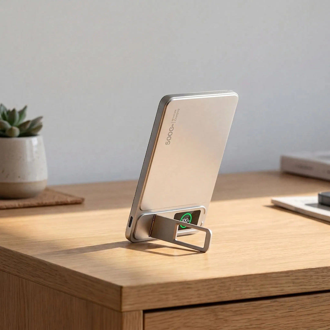 Silver ultra-slim magnetic power bank with built-in stand deployed on a wooden desk