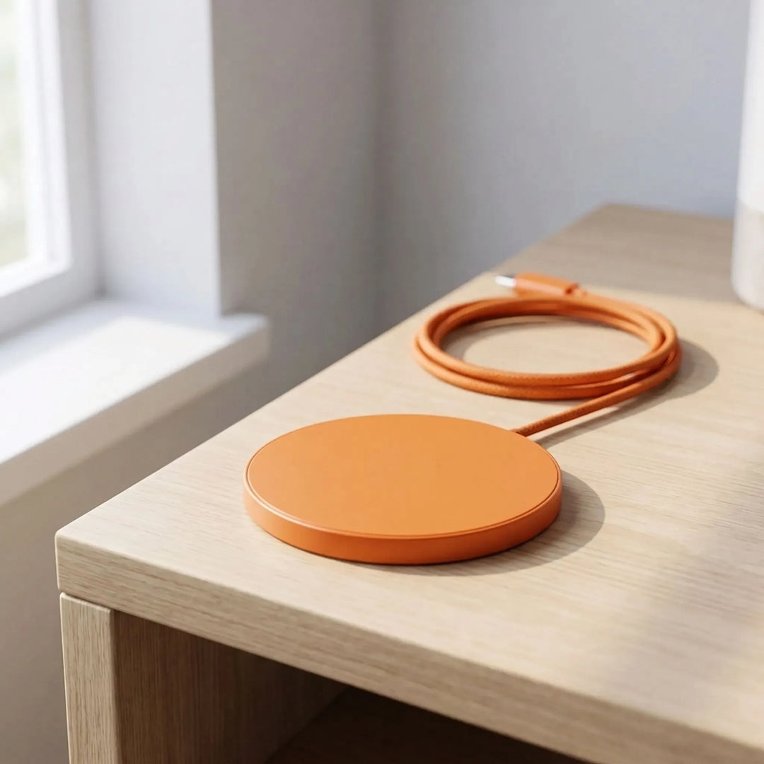 Orange magnetic wireless charger placed neatly on a modern wooden desk surface
