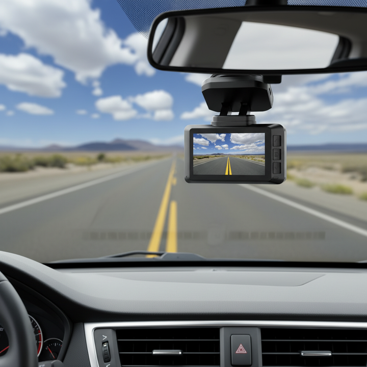 Ultra HD 4K dash cam mounted on a car windshield facing a road