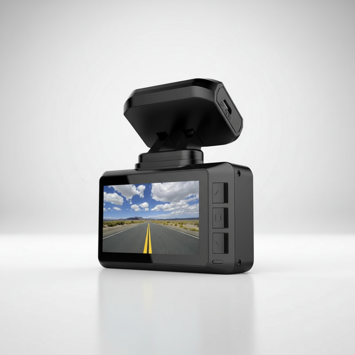 Compact black 4K dash cam unit with integrated GPS mount