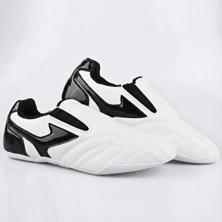 Pair of white and black ultra-light combat sports shoes on white background