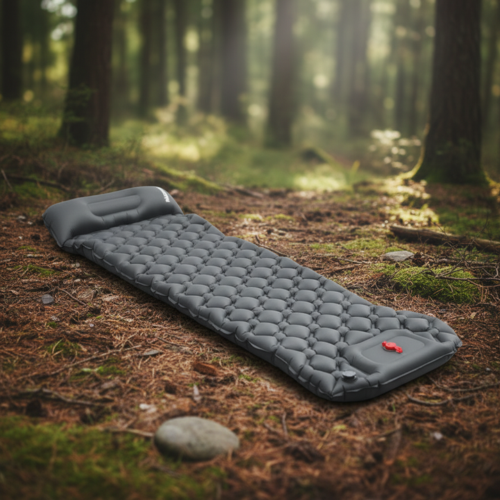 Ultralight inflatable sleeping mat laid out on the forest floor among trees