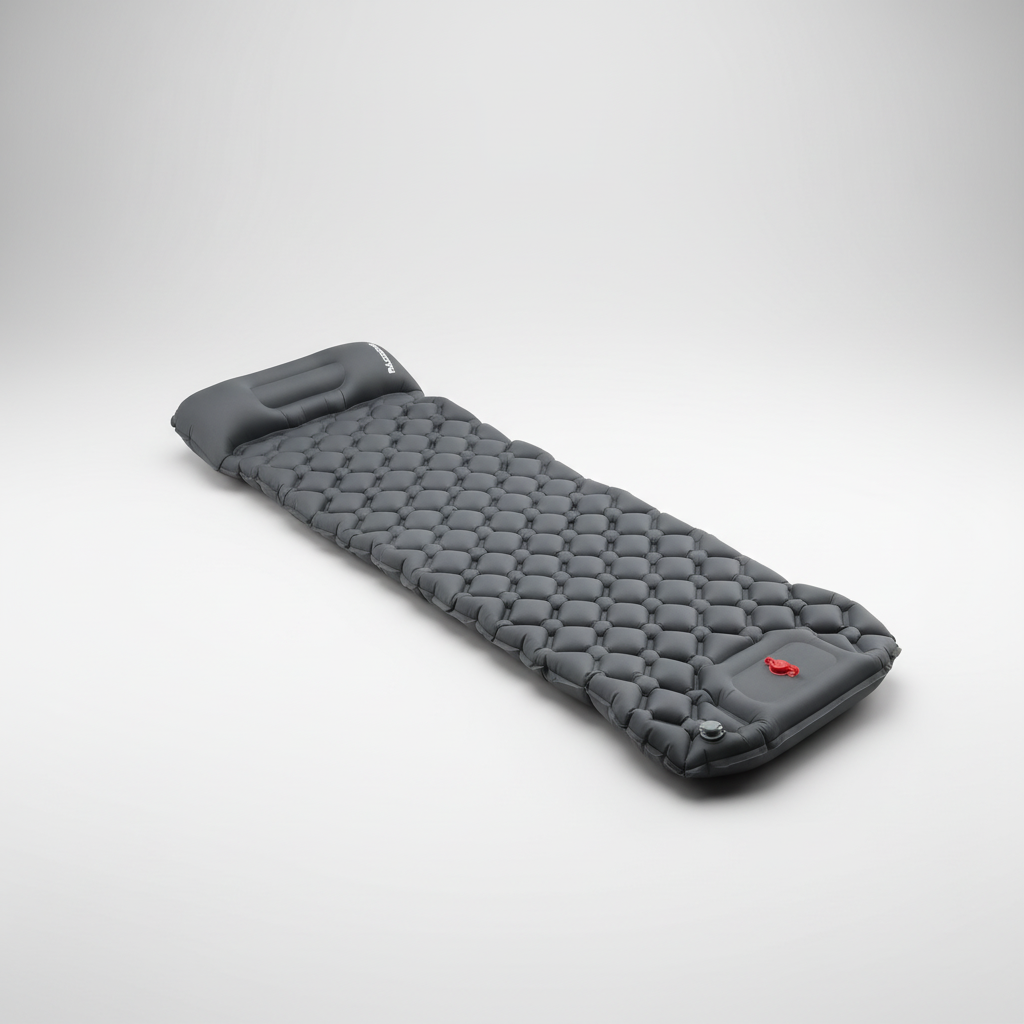 Studio view of the grey inflatable sleeping mat with integrated pillow and foot pump valve
