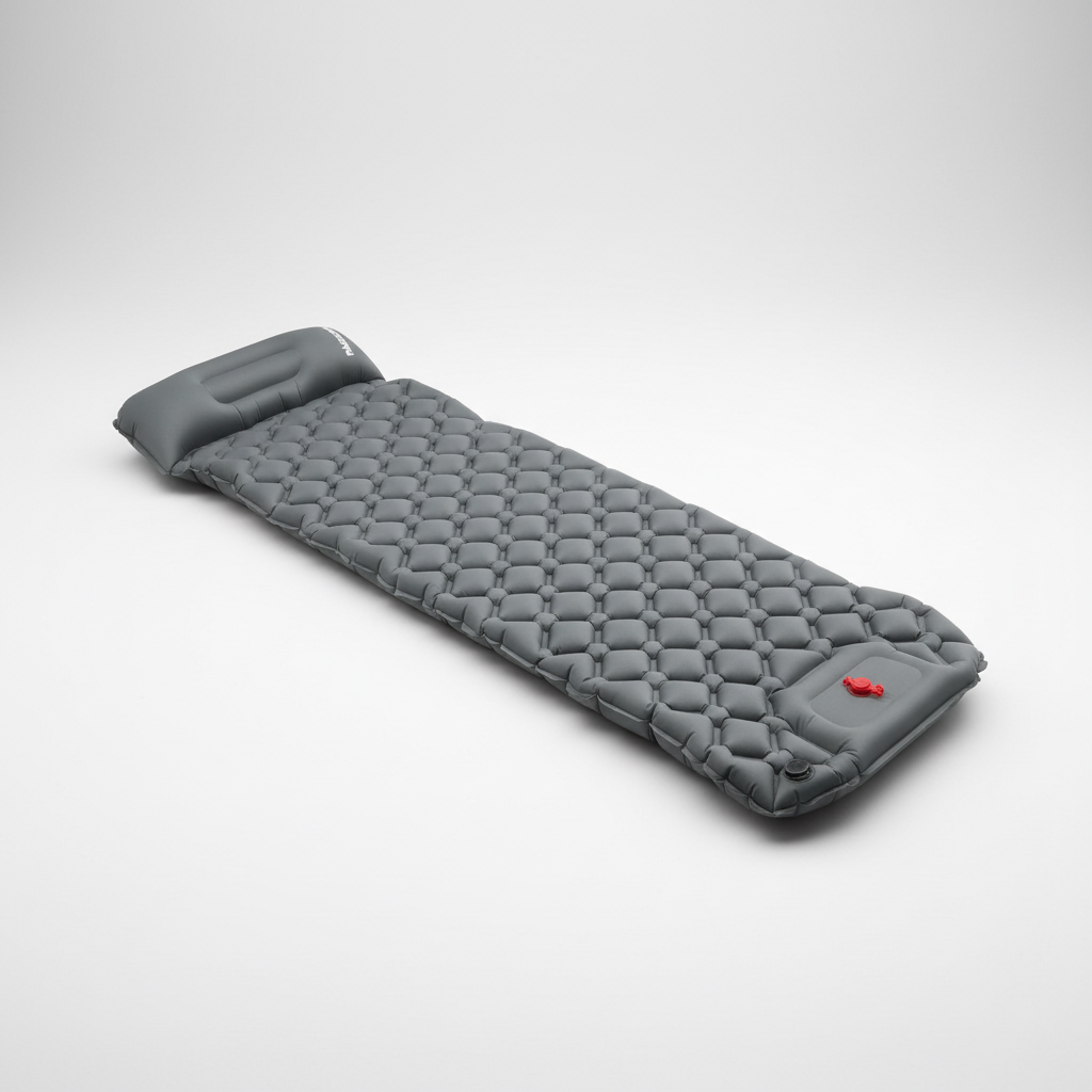 Ultralight inflatable sleeping mat with built-in pump fully inflated for camping