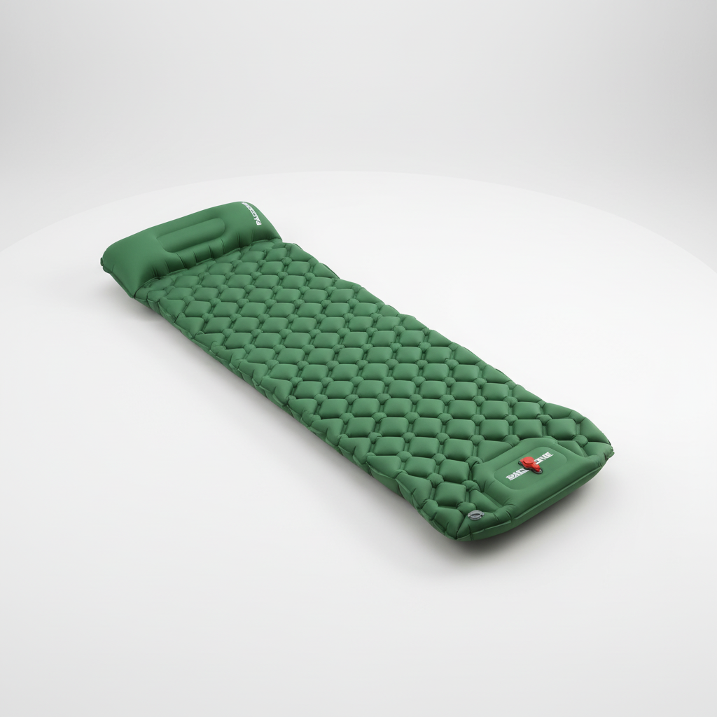 Close-up of the integrated foot pump on the camping mat for easy inflation