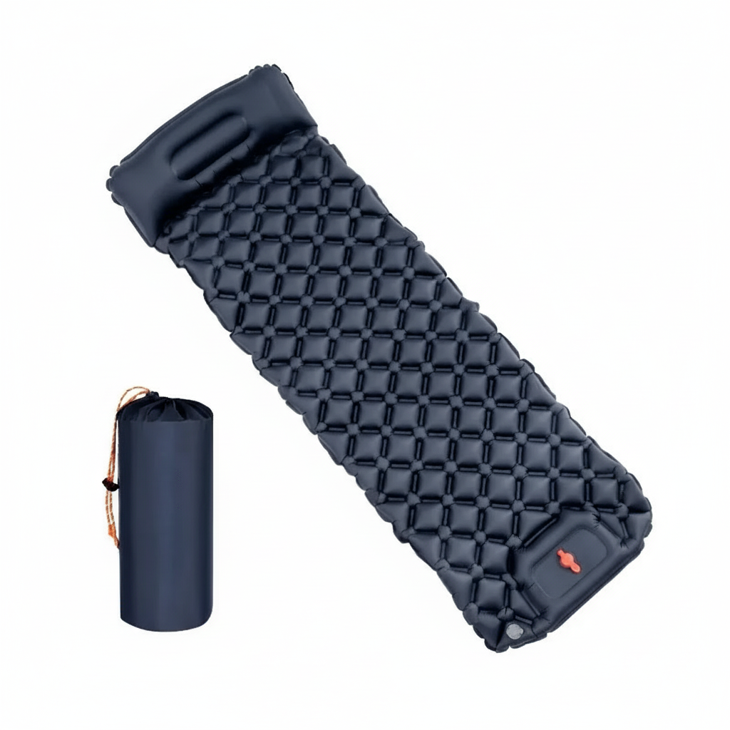 Navy ultralight inflatable camping mattress with matching storage bag