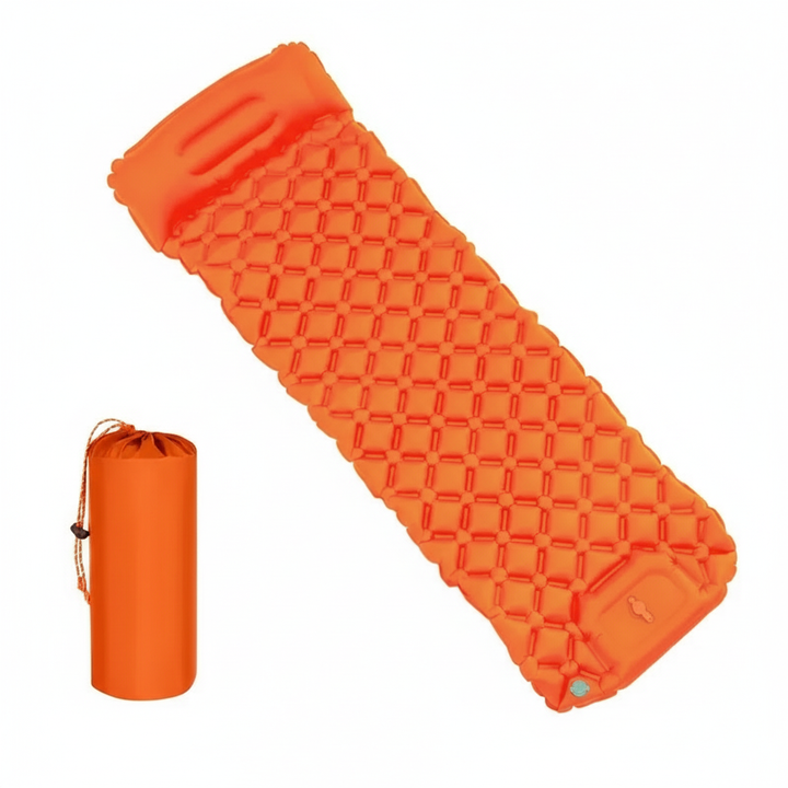 Ultralight inflatable camping mattress folded compactly for easy backpacking and hiking gear storage