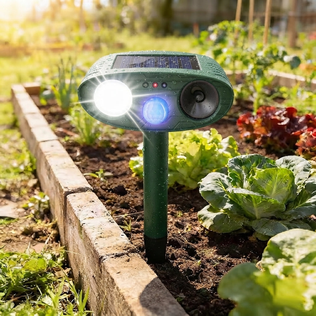 Solar powered ultrasonic rabbit repeller installed in a lush garden bed