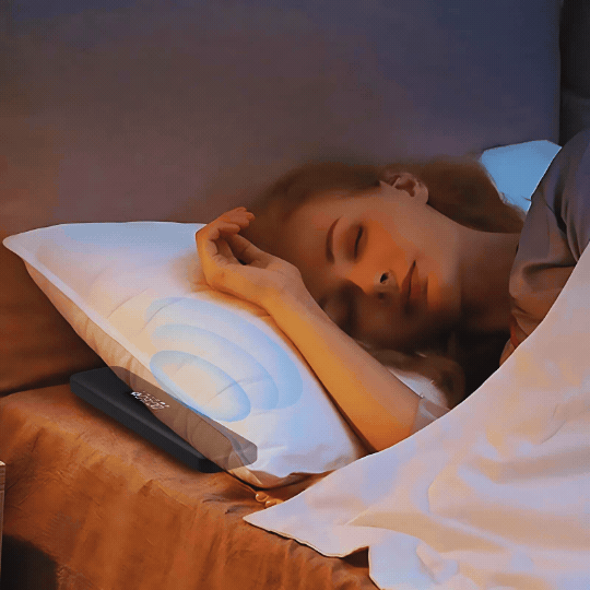 Person sleeping peacefully with a wireless speaker under their pillow