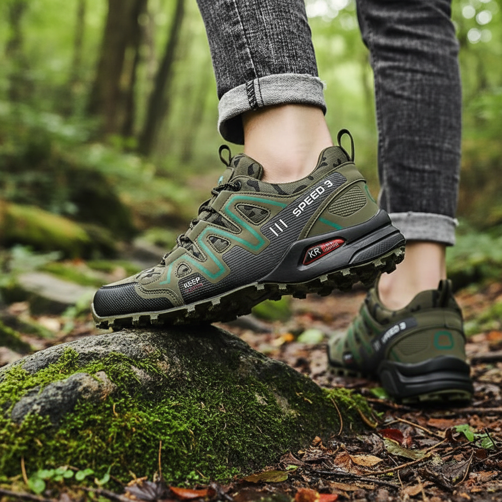 Unisex waterproof hiking shoe in green resting on a mossy rock outdoors