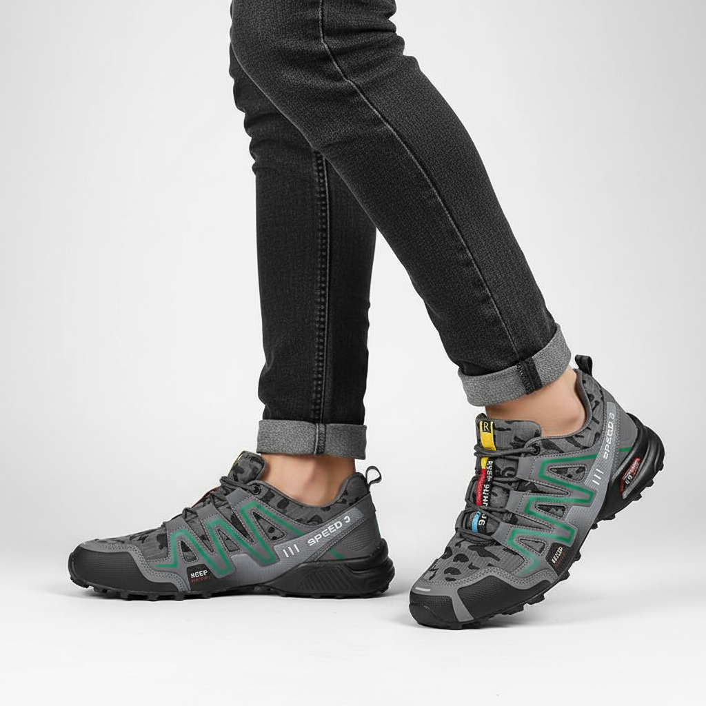Side profile of trekking footwear featuring waterproof material and comfortable ankle support.