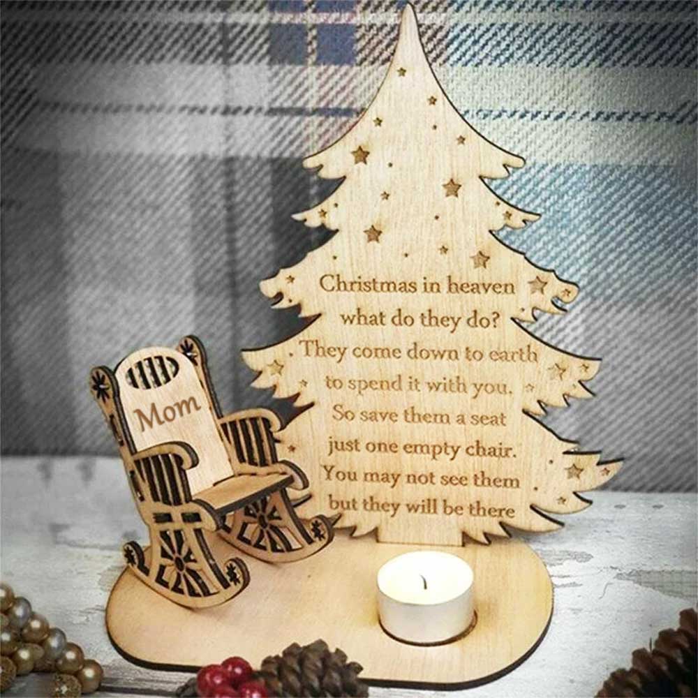 Wooden memorial candle holder with miniature rocking chair and engraved tree