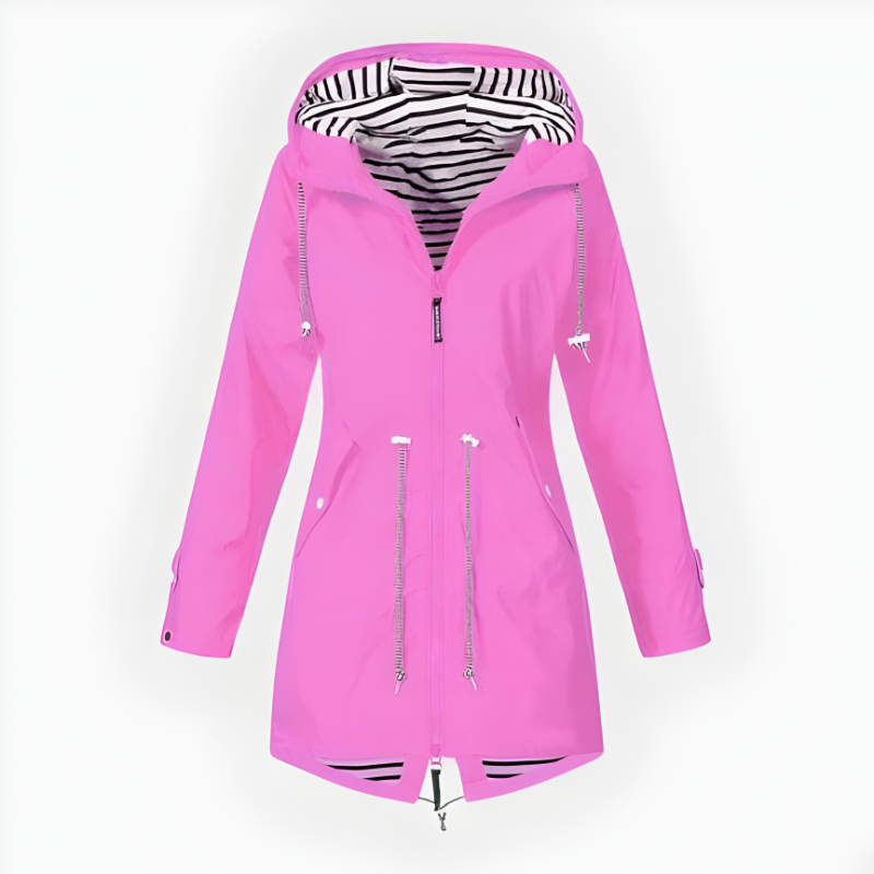 Womens waterproof long rain jacket in front view with adjustable hood