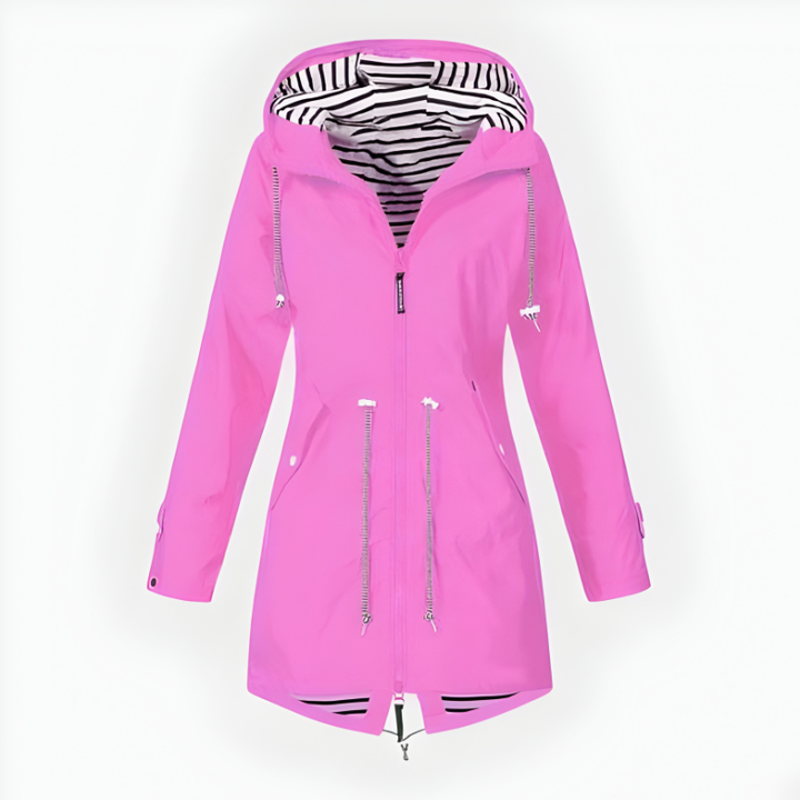 Womens waterproof long rain jacket in front view with adjustable hood