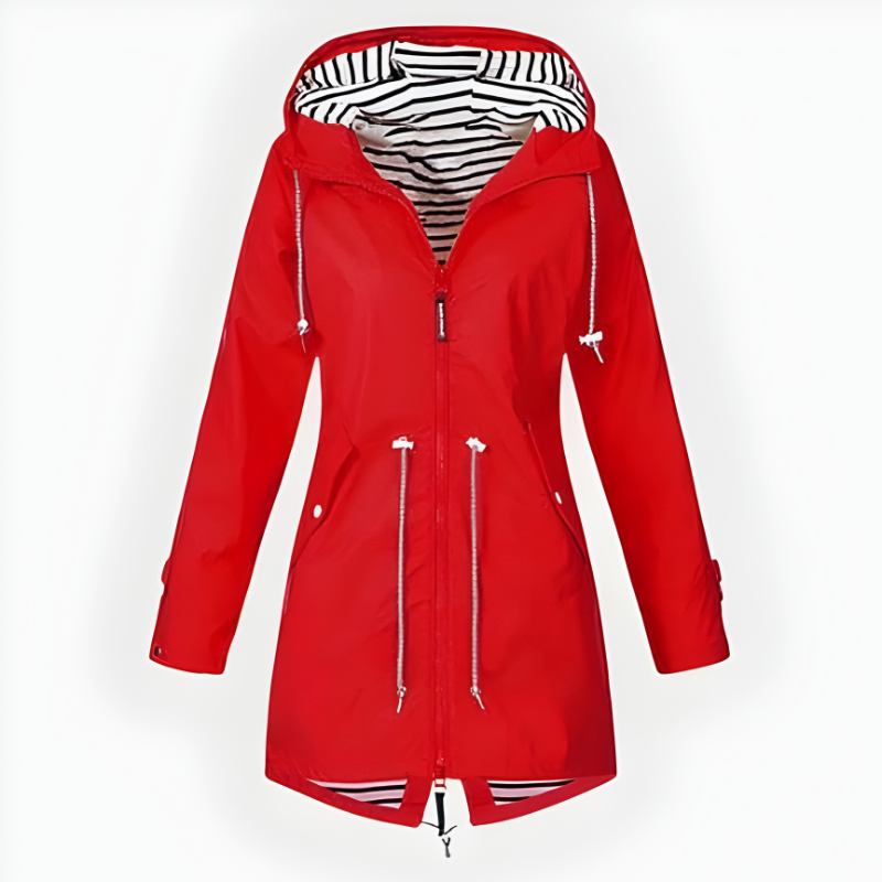 Back view of womens hooded rain jacket featuring tailored fit