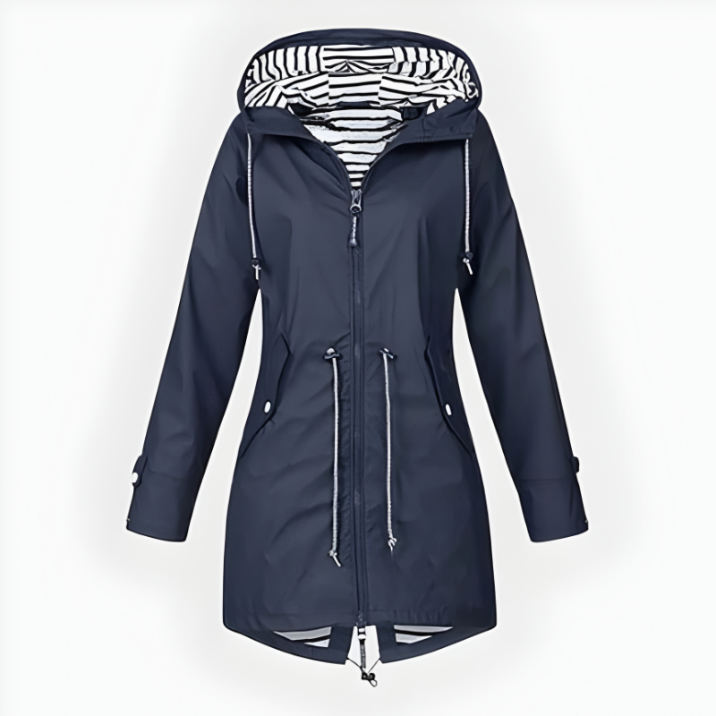 Detail of adjustable hood and zipper closure on womens outerwear