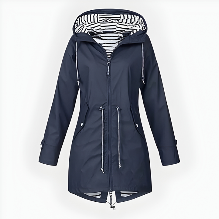 Detail of adjustable hood and zipper closure on womens outerwear