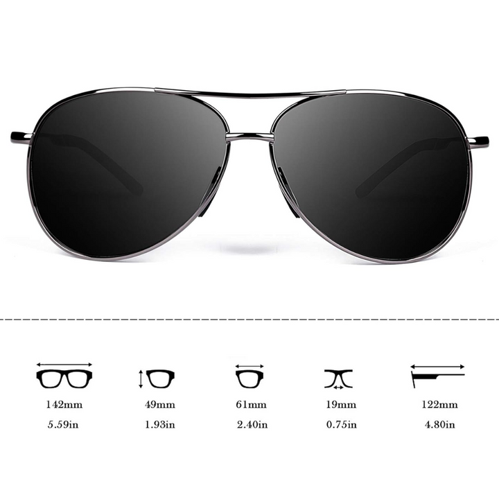 Detailed dimension diagram showing measurements for polarized aviator sunglasses in millimeters and inches