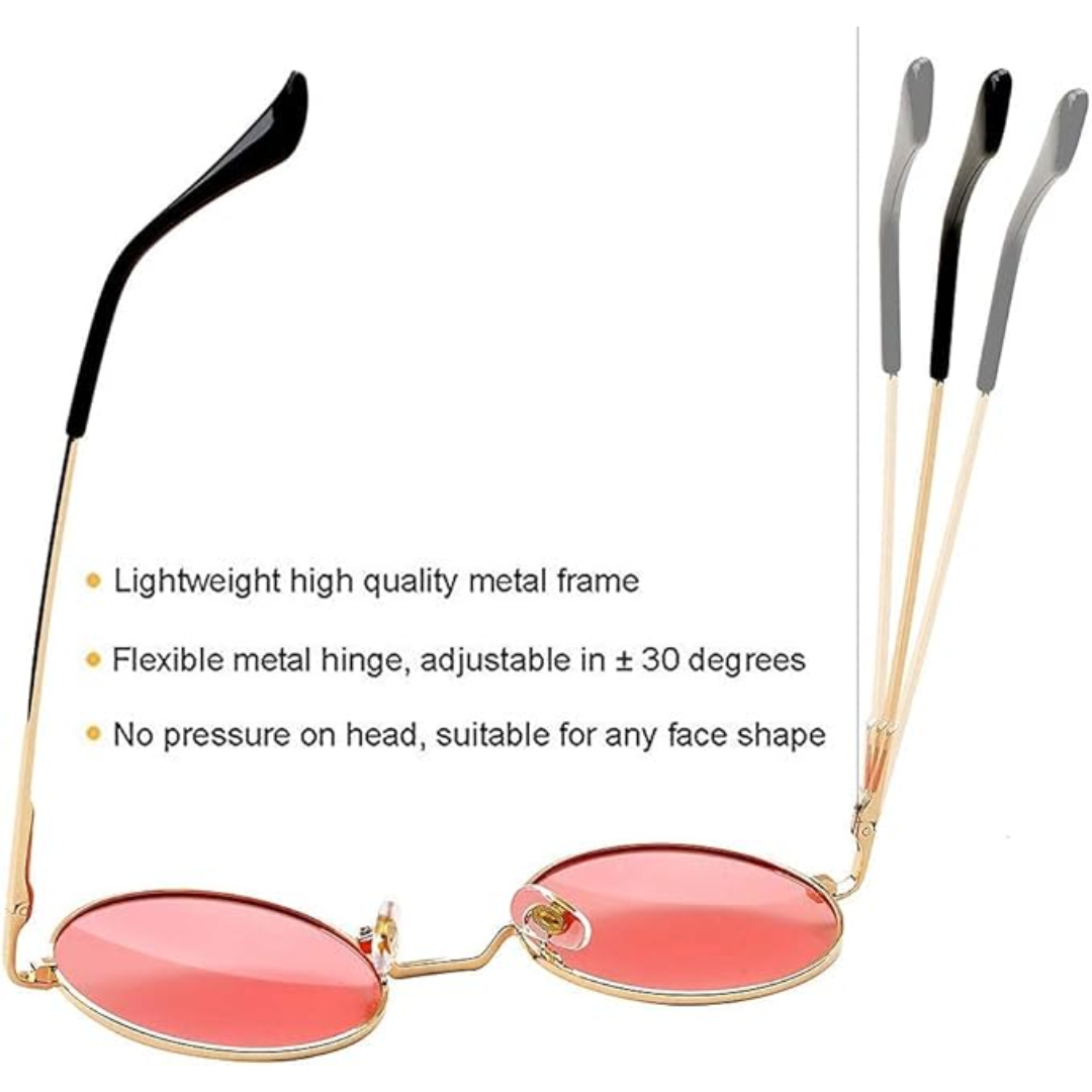 Flexible metal frame hinge and temple view of round sunglasses