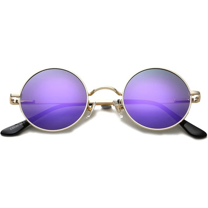 Summer fashion flat lay featuring unisex round polarised retro sunglasses and accessories