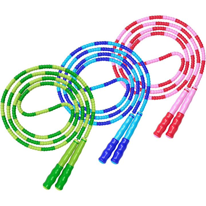 Three coiled beaded jump ropes in blue, green, and pink colors