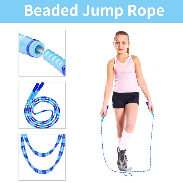 Young girl demonstrating the blue beaded jump rope in an athletic pose