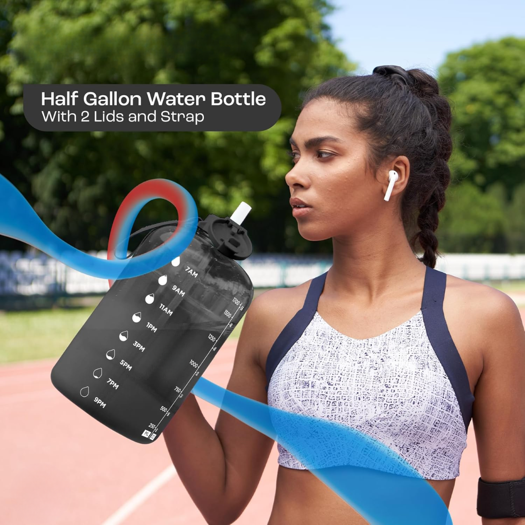 Close-up of time markers and motivational quotes on the 2L fitness water bottle