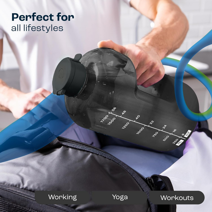 Daily hydration water bottle 2 liter showing ounces and milliliters scale