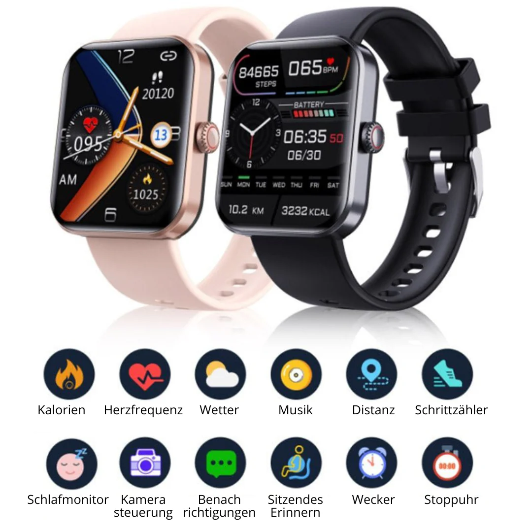 Pink wellness smartwatch paired with charging cable on flat surface