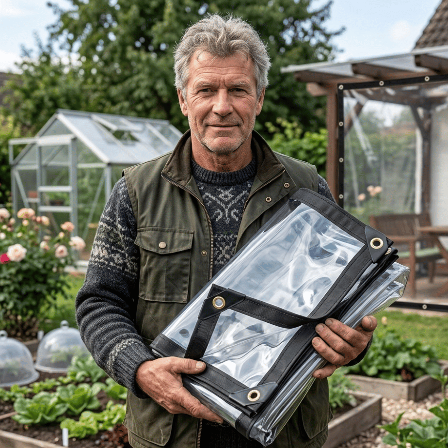 Man holding a folded transparent protective tarpaulin in a garden