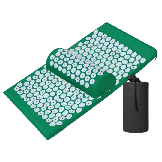 Green acupressure yoga mat and rolled pillow with a matching carry bag