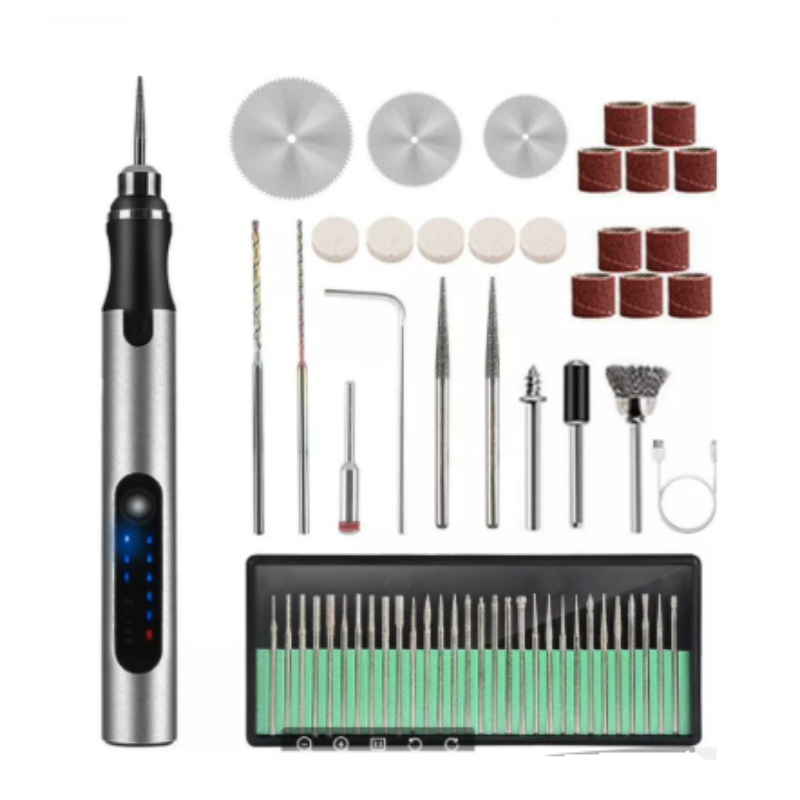Electric engraving pen with a complete set of interchangeable bits and accessories