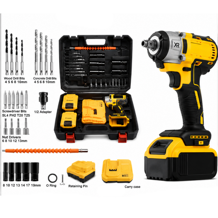 Professional cordless impact driver kit with battery and charger on white background