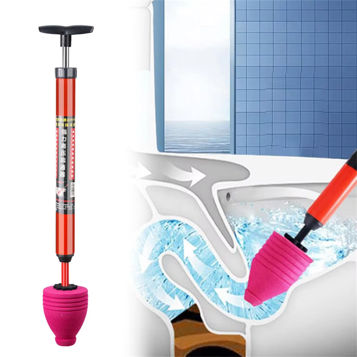 High-pressure pneumatic drain cleaner tool with pink plunger attachment