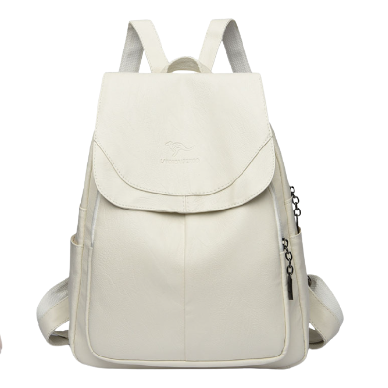 Model wearing stylish grey women's anti-theft backpack outdoors for casual daily use