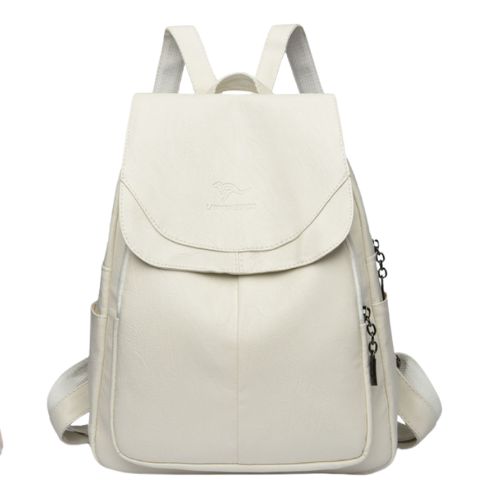 Model wearing stylish grey women's anti-theft backpack outdoors for casual daily use