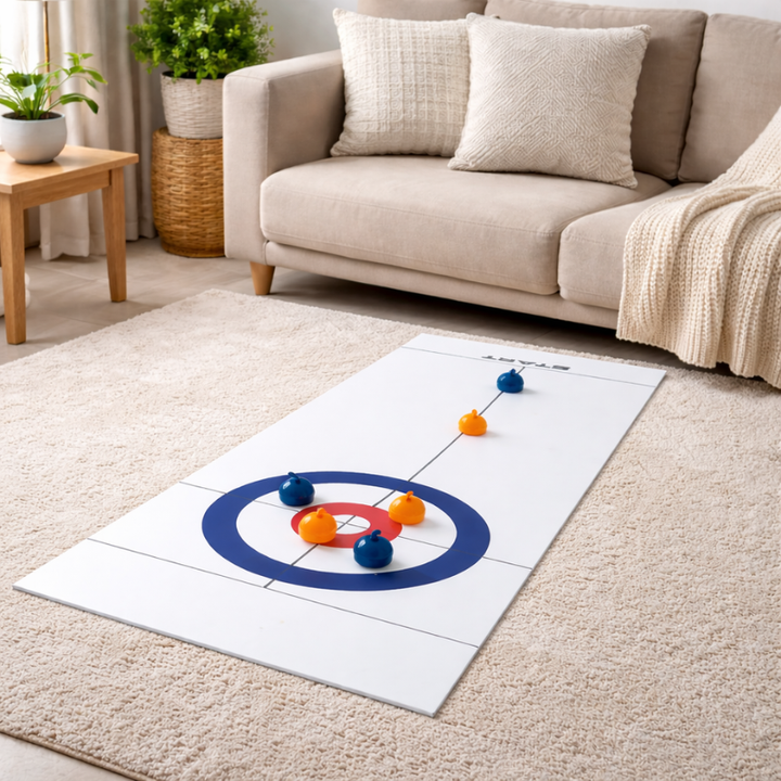 Family Foldable Tabletop Curling Game set on a wooden table, ready to play
