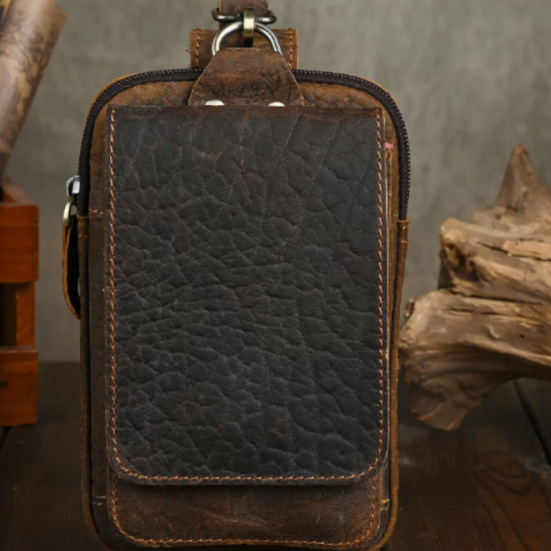 Close up of dark brown vintage texture on men's leather waist bag