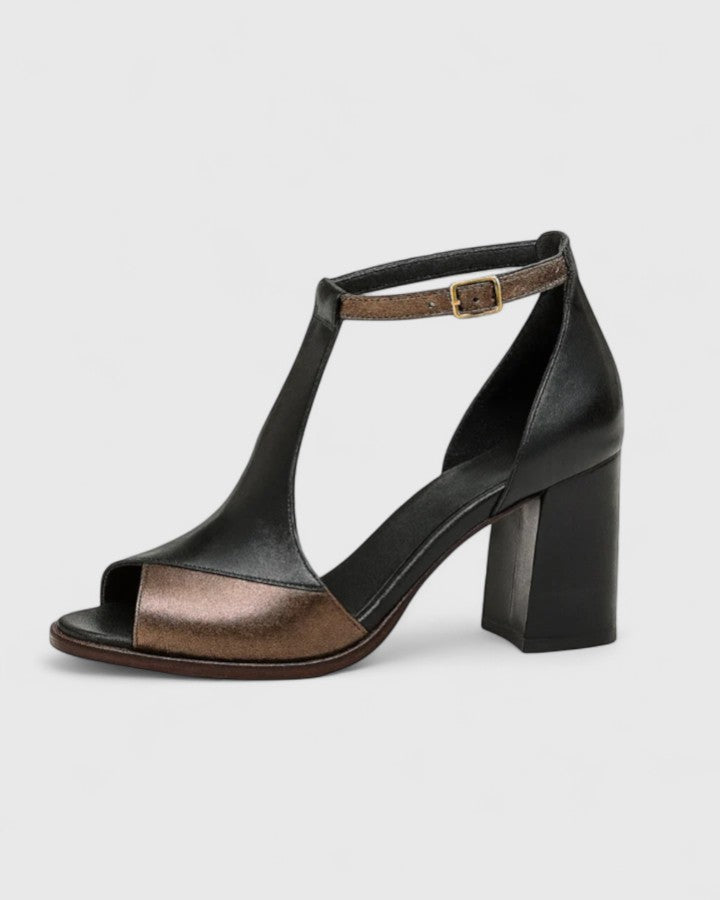 Side profile of women's black and bronze orthopedic high heel sandal