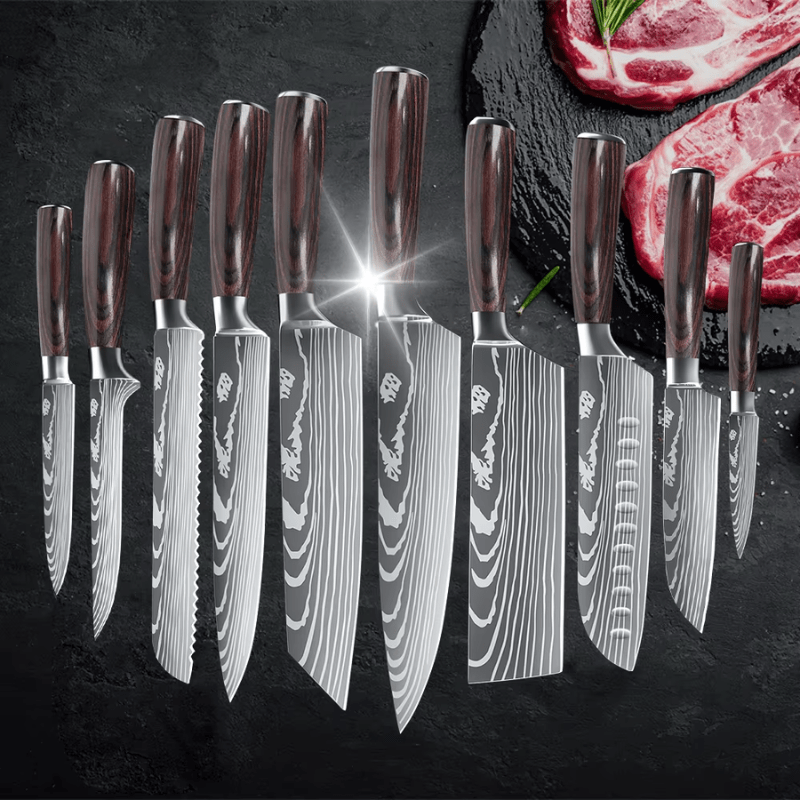 Collection of various professional chef knives displayed on a dark surface