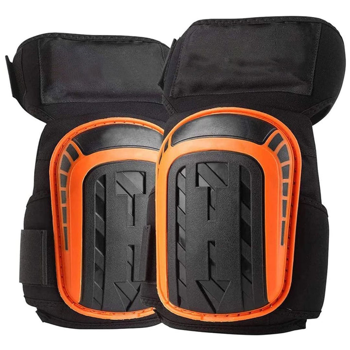Extended long version of black and orange work knee pads showing upper thigh support