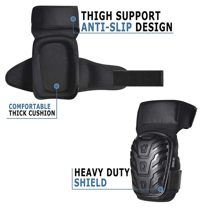Heavy-duty protective equipment knee pads showing flexible strap mechanism
