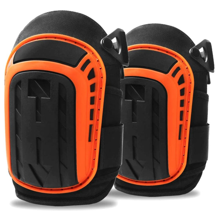 Pair of black and orange heavy-duty work knee pads with hard shell