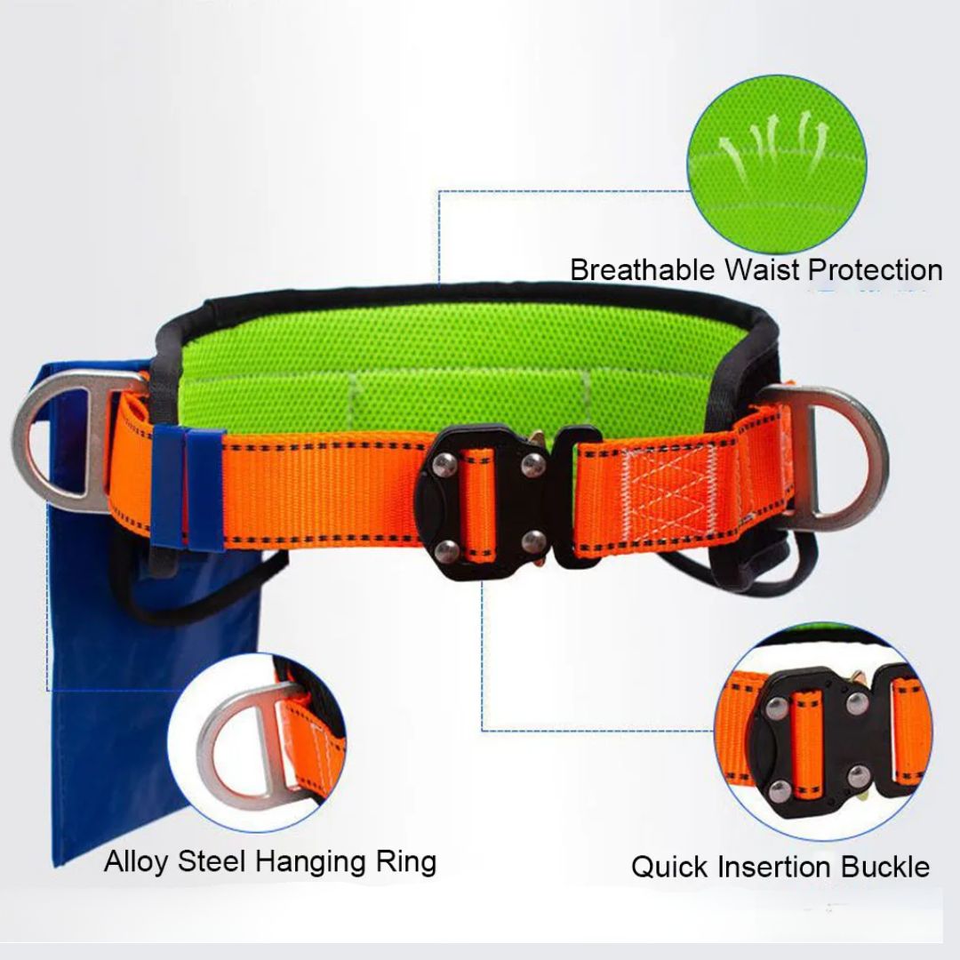 Worker wearing single hip safety harness and industrial work belt outdoors