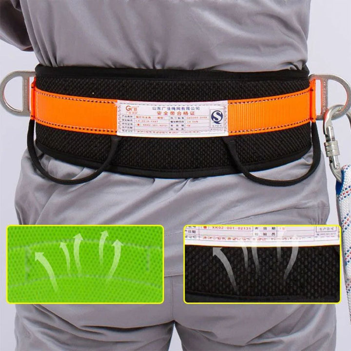 Close-up of durable metal buckles and heavy-duty stitching on fall protection belt