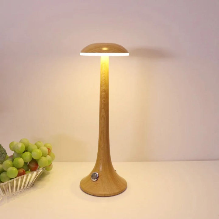 Rechargeable touch lamp with warm LED glow resting on a modern bookshelf
