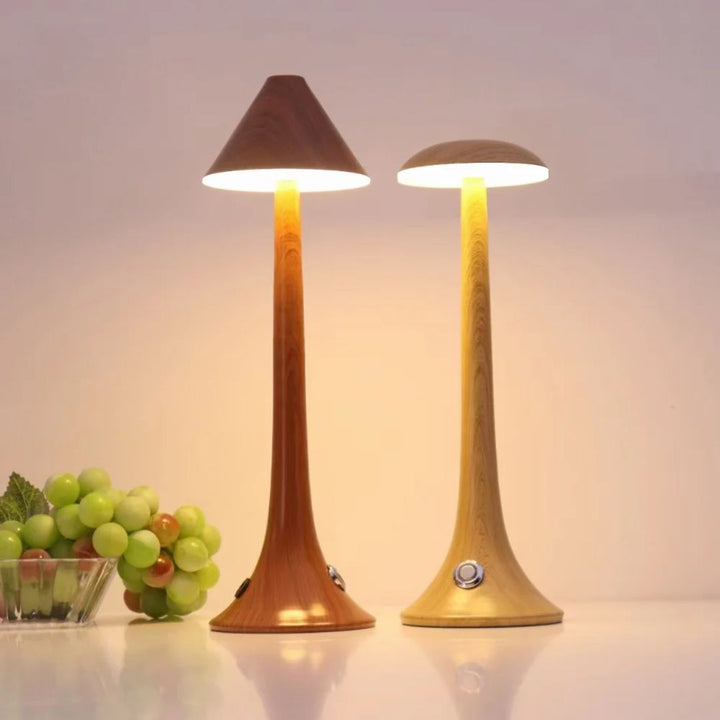 Decorative ambient lighting lamp featuring a glossy mushroom cap and sleek stem
