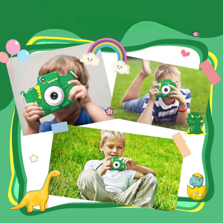 Collage showing children happily using their dinosaur toy camera outdoors