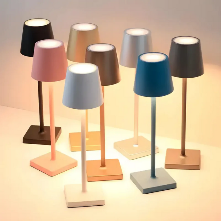 Modern minimalist wireless lamp showcasing ambient LED lighting and durable metallic finish